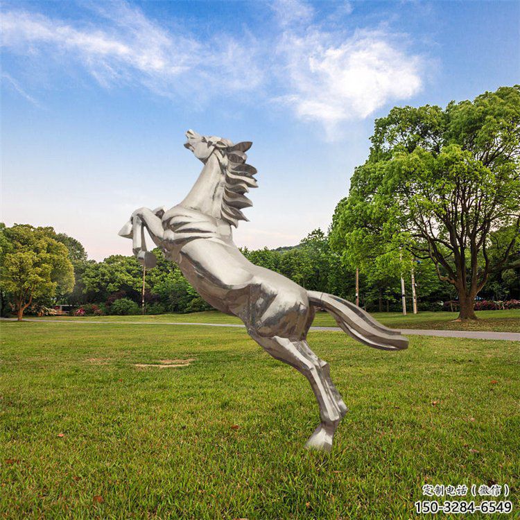 幾何抽象不銹鋼奔馬雕塑，城市動物擺件，大型廣場小品