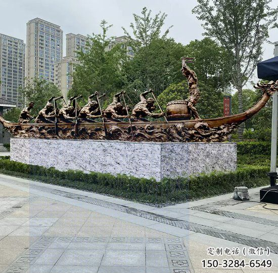 龍舟雕塑 異形噴水劃槳雕塑 農(nóng)村競賽雕塑