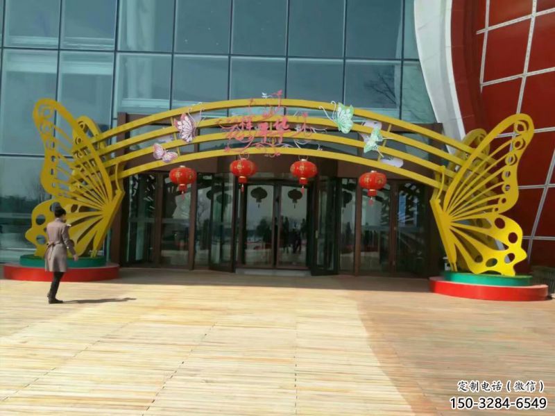 六安蝴蝶拱門雕塑，鏤空烤漆效果，不銹鋼小區(qū)標識雕塑