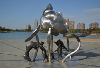 三明蓮蓬嬉戲雕塑，城市植物景觀雕塑，不銹鋼鏡面效果