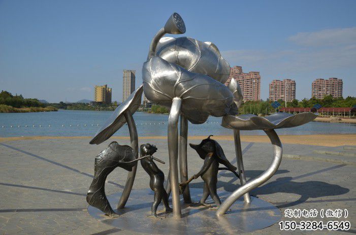 唐山蓮蓬嬉戲雕塑，城市植物景觀雕塑，不銹鋼鏡面效果