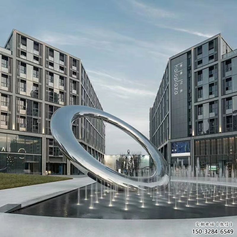 溫州水簾圓環(huán)雕塑，直噴式旱地水景噴泉雕塑